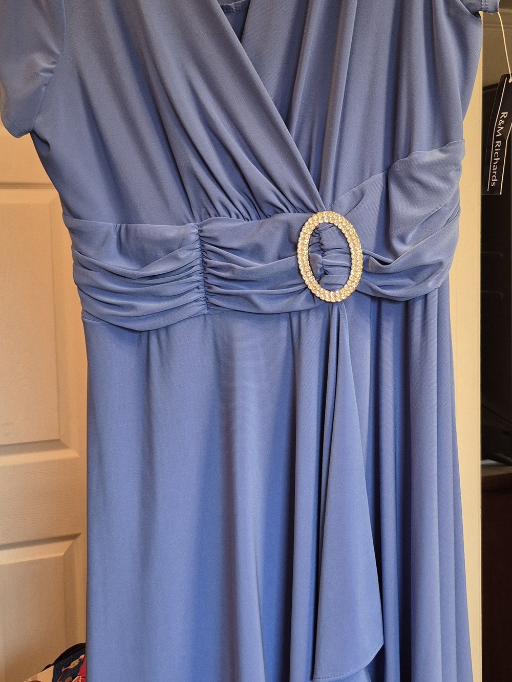 R&M Richards Periwinkle Blue Ruched Waist Evening Dress with Rhinestone Buckle